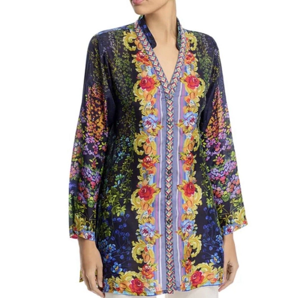 Johnny Was 100% Silk Tali Floral Garden Tunic Shirt Blouse Sz Large Embroidered